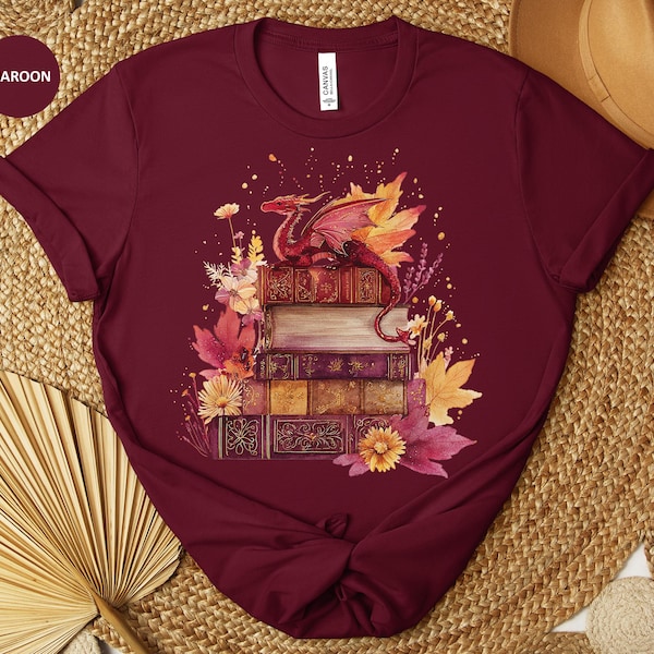 Fall Book Dragon Shirt, Fall Fantasy Reading T-Shirt, Womens Dragon Book Shirt, Dragon Lover Gift for Her, Reader Gift, Fantasy Reader Gift