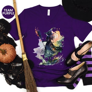 Watercolor Witch V Neck TShirt, Halloween T Shirt, Halloween Witch Tee, Halloween Witch Gift, Watercolor Fall T-Shirt, Autumn Witch Tee Team Purple