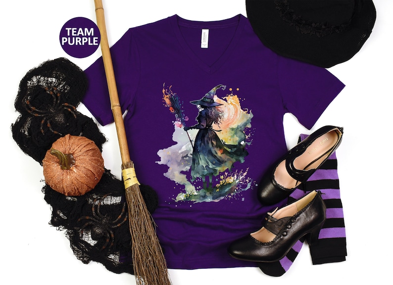 Watercolor Witch V Neck TShirt, Halloween T Shirt, Halloween Witch Tee, Halloween Witch Gift, Watercolor Fall T-Shirt, Autumn Witch Tee Team Purple