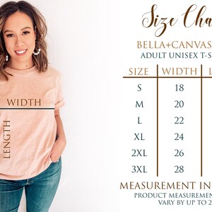 May include: A woman wearing a peach-colored Bella+Canvas 3001 adult unisex t-shirt. The image includes a size chart with measurements in inches: S (18x28), M (20x29), L (22x30), XL (24x31), 2XL (26x32), and 3XL (28x33).