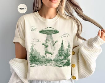 Funny UFO Comfort Colors® Shirt, UFO Cat T-Shirt, Vintage Paranormal Shirt, Retro Alien Cat UFO Abduction Tee, Paranormal Aesthetic Shirt
