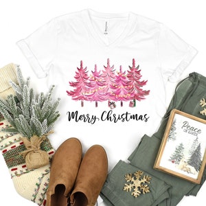 Pink Christmas Tree Shirt, Womens Pink Christmas V Neck T Shirt, Pink Merry Christmas TShirt for Women, Merry Christmas Shirt, Gift for Her