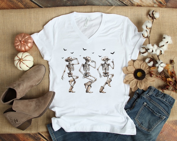 Halloween Western Skeleton Shirt, Halloween Western T Shirts for Women, Womens Country Skeleton V Neck Shirt, Cute Halloween Cowgirl Tee