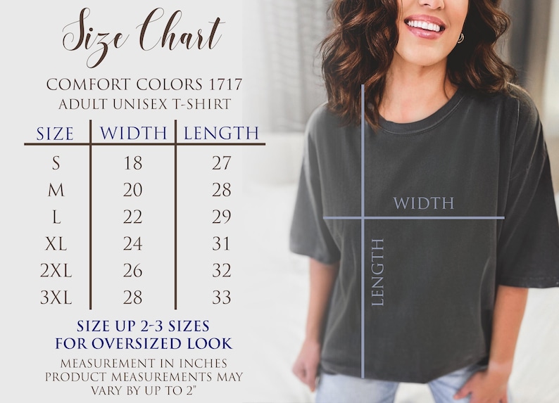 K&ouml;nnte beinhalten: Gr&ouml;&szlig;entabelle f&uuml;r ein Unisex-T-Shirt in Comfort Colors 1717. Die Tabelle zeigt die Breite und L&auml;nge in Zoll f&uuml;r die Gr&ouml;&szlig;en S, M, L, XL, 2XL und 3XL. Es wird empfohlen, 2-3 Gr&ouml;&szlig;en gr&ouml;&szlig;er zu w&auml;hlen, um einen Oversize-Look zu erzielen. Die Produktma&szlig;e k&ouml;nnen um bis zu 2 Zoll abweichen.