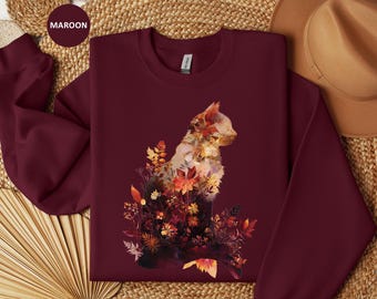 Fall Cat Sweatshirt, Cat Gift for Her, Fall Wildflower Cat, Cat Sweater, Womens Cat Shirt, Fall Cat Mom, Cat Lover Gift, Autumn Cat Shirt