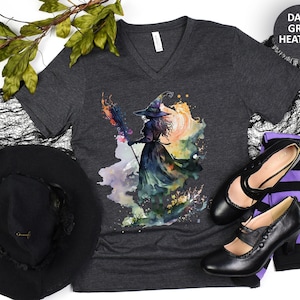 Watercolor Witch V Neck TShirt, Halloween T Shirt, Halloween Witch Tee, Halloween Witch Gift, Watercolor Fall T-Shirt, Autumn Witch Tee Dark Grey Heather