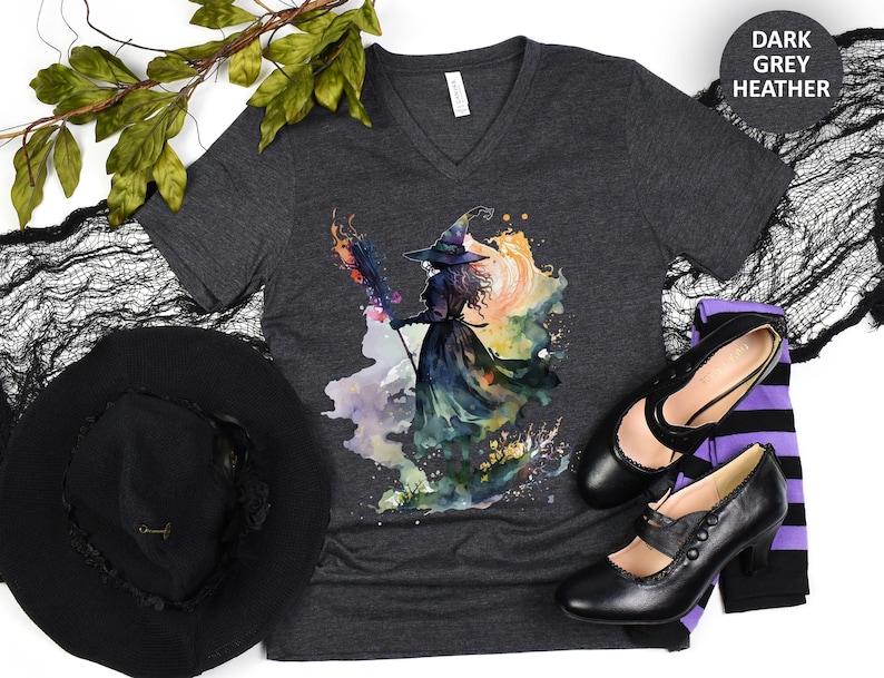 Watercolor Witch V Neck TShirt, Halloween T Shirt, Halloween Witch Tee, Halloween Witch Gift, Watercolor Fall T-Shirt, Autumn Witch Tee Dark Grey Heather