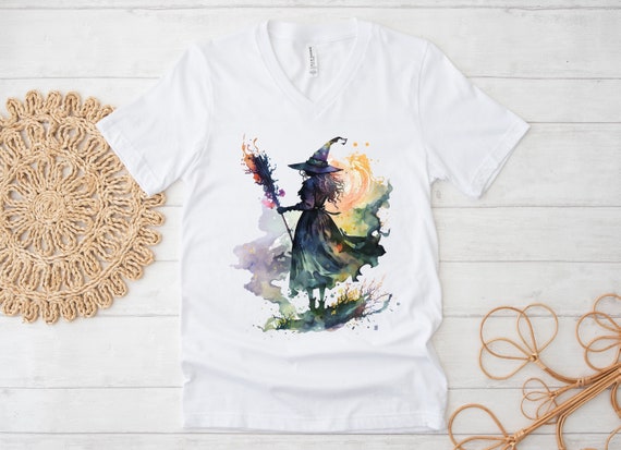 Watercolor Witch V Neck TShirt, Halloween T Shirt, Halloween Witch Tee, Halloween Witch Gift, Watercolor Fall T-Shirt, Autumn Witch Tee