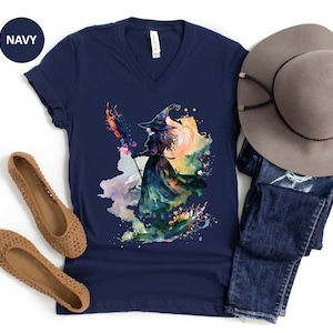 Watercolor Witch V Neck TShirt, Halloween T Shirt, Halloween Witch Tee, Halloween Witch Gift, Watercolor Fall T-Shirt, Autumn Witch Tee Navy
