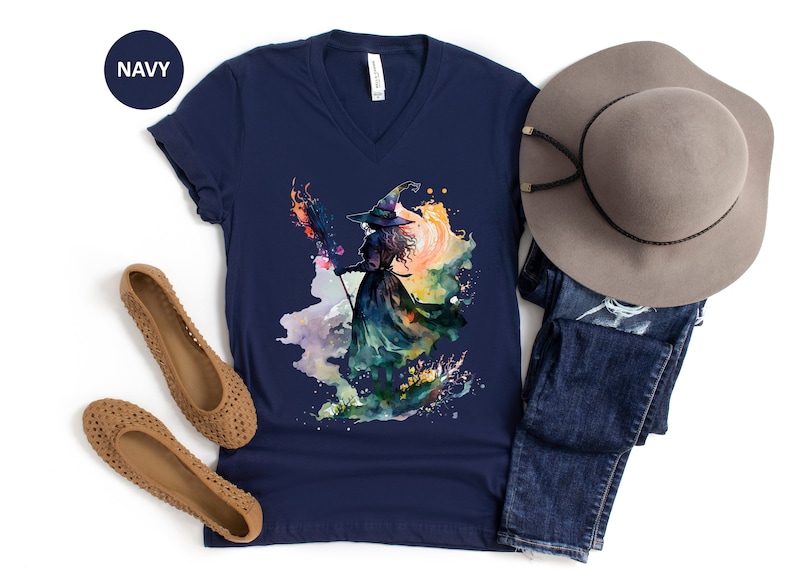 Watercolor Witch V Neck TShirt, Halloween T Shirt, Halloween Witch Tee, Halloween Witch Gift, Watercolor Fall T-Shirt, Autumn Witch Tee Navy