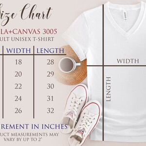 May include: Size chart for a Bella + Canvas 3005 adult unisex t-shirt. The chart shows the width and length in inches for sizes S, M, L, XL, and 2XL. The text "Measurement in inches" and "Product measurements may vary by up to 2" is also included.