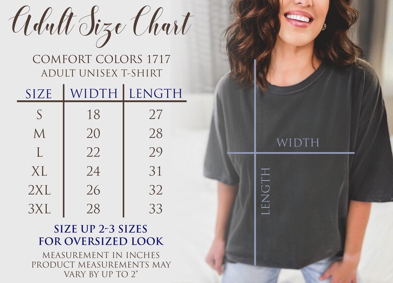 Puede incluir: Tabla de tallas para adultos para una camiseta unisex Comfort Colors 1717. La tabla muestra las tallas S a 3XL con medidas de ancho y largo en pulgadas. La imagen tambi&eacute;n muestra a una persona con una camiseta gris oscuro.