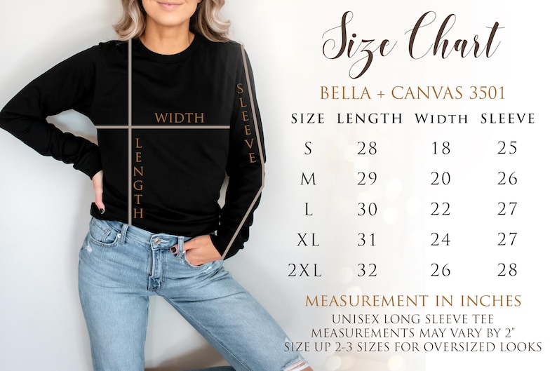 Op de afbeelding: Een zwart shirt met lange mouwen met een maattabel. De tabel geeft de afmetingen in inches voor een unisex shirt met lange mouwen, inclusief lengte, breedte en mouwafmetingen voor de maten S tot 2XL. Het shirt is Bella + Canvas 3501.