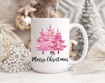 Pink Christmas Mug, Pink Christmas Tree, Pink Christmas, Pink Merry Christmas, Merry Christmas Mug, Gift for Her, Christmas Gift, Xmas Mug