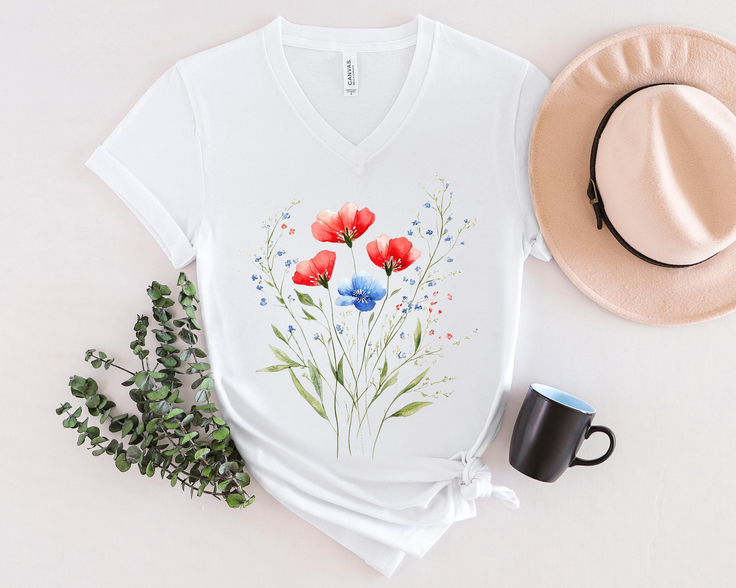 4th of July Wildflower Shirt,  Red White Blue Floral V-Neck T-Shirt, Womens Patriotic Shirt, Veterans Day V Neck Tee, Memorial Day Shirt