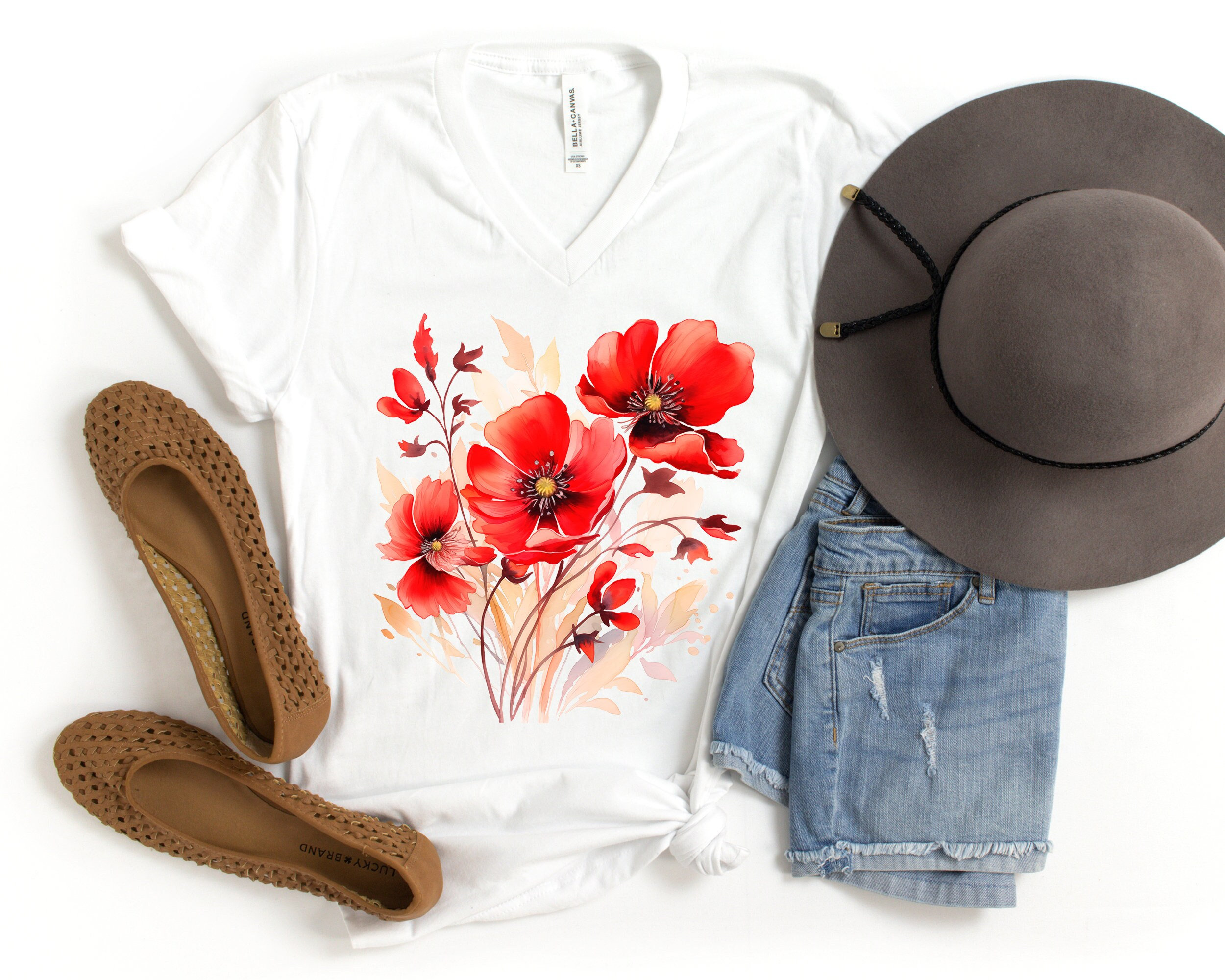 Poppy V-neck Shirt, Watercolor Poppy T Shirt, Womens Flower V Neck