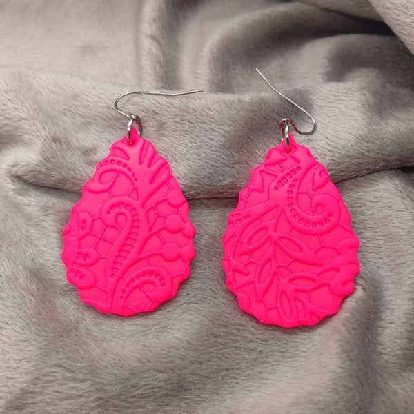 Dangle Earrings - Polymer Clay - Handmade - Paisley - Flower - Lace - Hot Pink - Neon - Summer -Stainless Steel or Gold plated French Wire