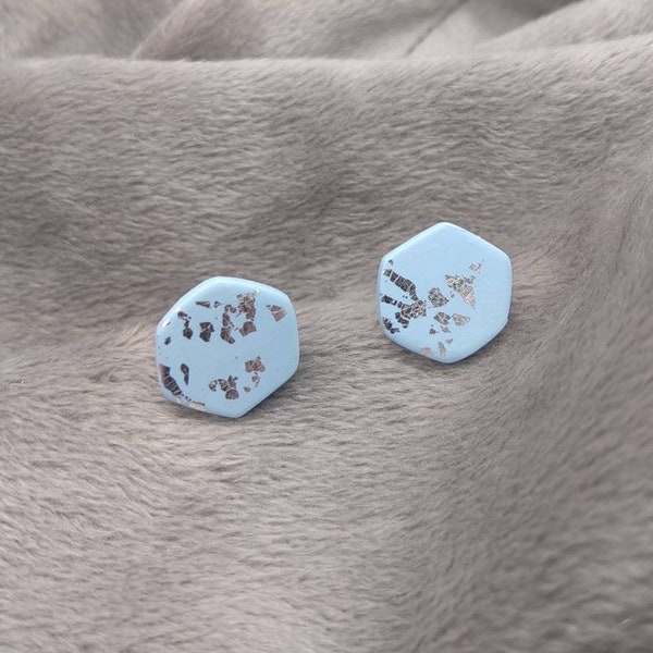 Polymer Clay - Handmade - Stud Earrings - Pale Baby Blue - Silver Foil - Hexagon - Shape - Stainless Steel