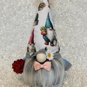 Gnome with Gnome-Covered Hat, Peach Bow Tie, and Gray Fluffy Beard, Handmade Whimsical Gnome Decor