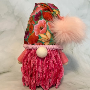 Decorative Gnome with Pink Yarn Beard and Floral Hat