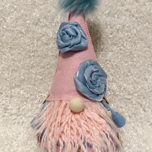 Pink and Blue Decorative Gnome with Fluffy Beard and Floral Accents