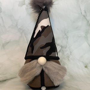 Decorative Plush Gnome with Camo Hat and Fluffy Mustache