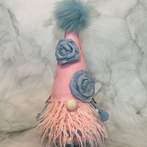 Handmade Pink & Blue Gnome: Floral Accents, 14-Inch Decor