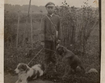 Ragazzo del giornale con due cani, 1920, foto trovata d'epoca