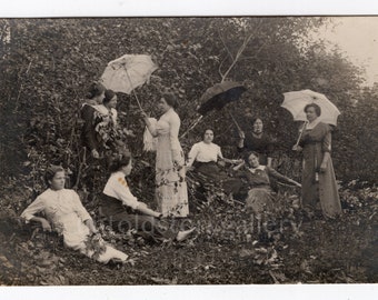 Elegant barefoot ladies with umbrellas, 1910s, Antique photo, RPPC