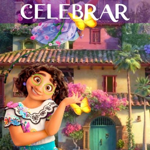 May include: A colorful illustration of two girls in front of a house with a teal door. The text "TE INVITO A CELEBRAR" is at the top of the image.