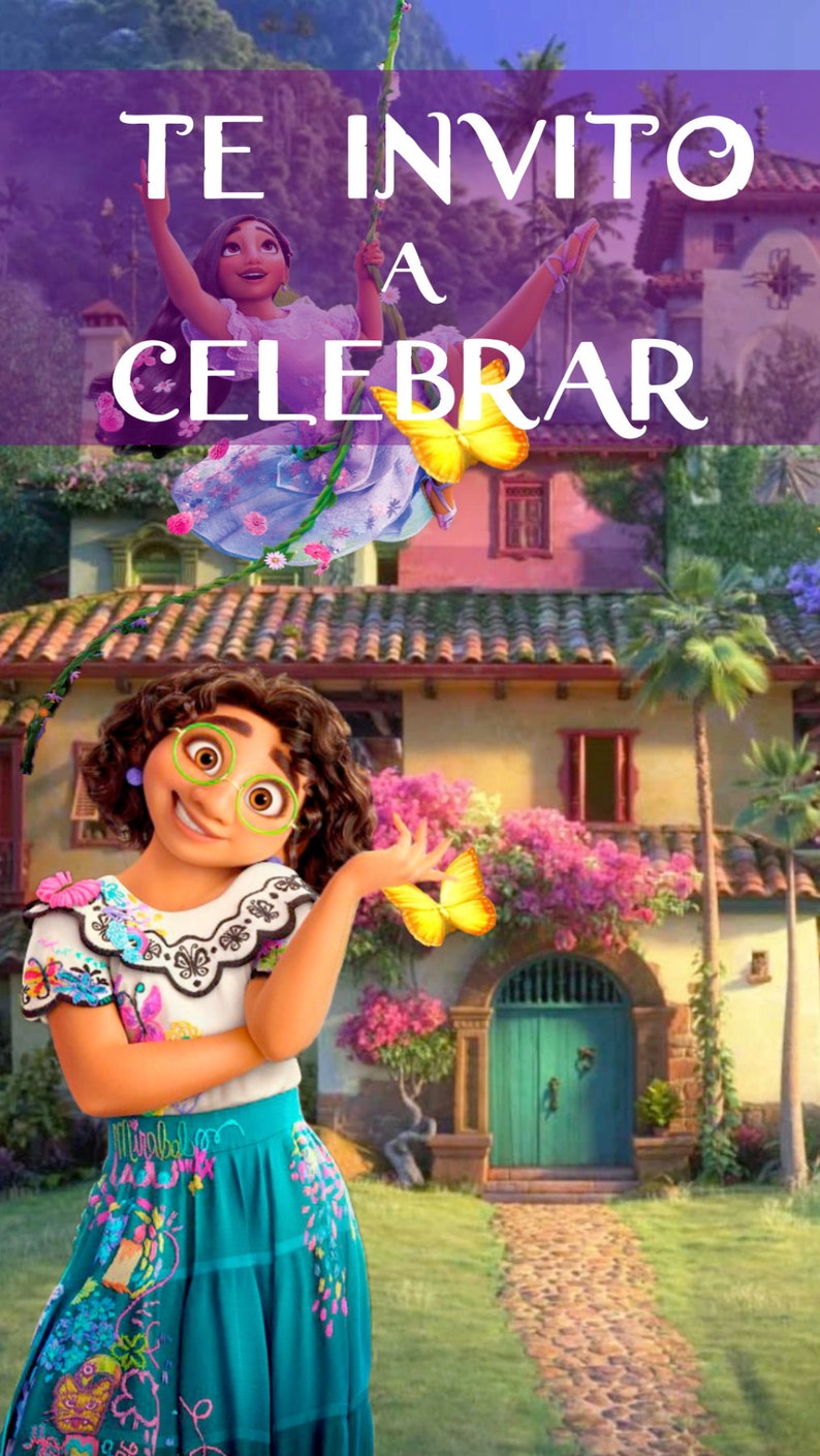 May include: A colorful illustration of two girls in front of a house with a teal door. The text "TE INVITO A CELEBRAR" is at the top of the image.