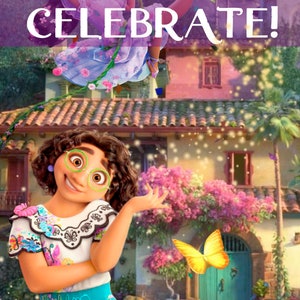 May include: A colorful illustration of a girl in a blue and green dress with a white blouse and a butterfly flying in front of her. The girl is smiling and looking at the butterfly. The background is a colorful house with a green door and a green vine with a girl swinging on it. The text "JOIN US TO CELEBRATE!" is at the top of the image.