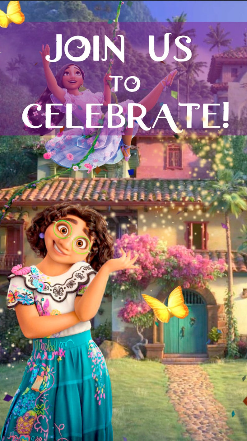May include: A colorful illustration of a girl in a blue and green dress with a white blouse and a butterfly flying in front of her. The girl is smiling and looking at the butterfly. The background is a colorful house with a green door and a green vine with a girl swinging on it. The text "JOIN US TO CELEBRATE!" is at the top of the image.