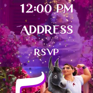 May include: A purple and white birthday invitation with the name "VER&Oacute;NICA" at the top, the time "12:00 PM" and the word "ADDRESS" below it. A large white number "5" is in the bottom left corner of the invitation. A cartoon character is holding a donkey in the bottom right corner of the invitation.