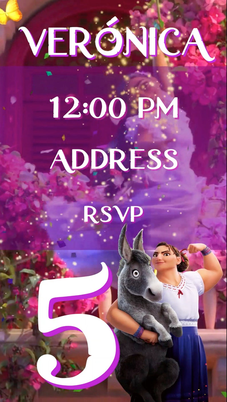 May include: A purple and white birthday invitation with the name "VER&Oacute;NICA" at the top, the time "12:00 PM" and the word "ADDRESS" below it. A large white number "5" is in the bottom left corner of the invitation. A cartoon character is holding a donkey in the bottom right corner of the invitation.