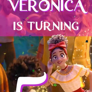 May include: A birthday card featuring a cartoon girl with brown hair and a red headband. The card says "VER&Oacute;NICA IS TURNING 5" in white text on a pink background.