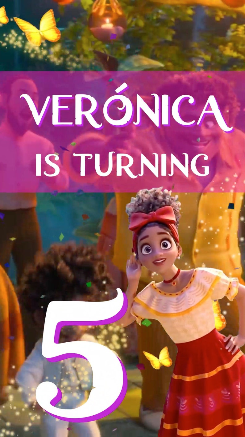 May include: A birthday card featuring a cartoon girl with brown hair and a red headband. The card says "VER&Oacute;NICA IS TURNING 5" in white text on a pink background.