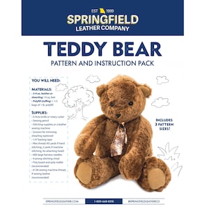 May include: A brown teddy bear wearing a brown and gold tie. The bear is sitting on a white background with a hand-drawn image of a tree and clouds. The text "Teddy Bear Pattern and Instruction Pack" is at the top of the image. The text "Includes 3 Pattern Sizes!" is in the upper right corner of the image.