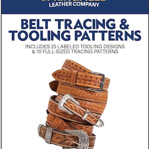 May include: A stack of five leather belts with tooled designs and silver buckles. The belts are arranged in a spiral pattern. The image includes the text "BELT TRACING & TOOLING PATTERNS", "INCLUDES 25 LABELED TOOLING DESIGNS & 10 FULL-SIZED TRACING PATTERNS", "SPRINGFIELDLEATHER.COM", "1-800-668-8518", and "#SPRINGFIELDLEATHERCO".
