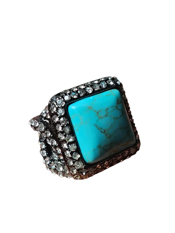 Large Faux Turquoise Statement Ring, Rhinestone H… - image 11