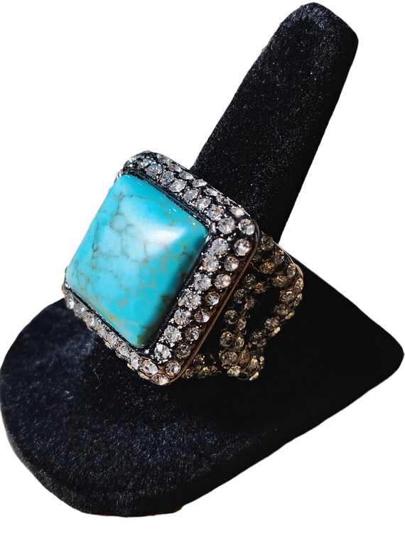 Large Faux Turquoise Statement Ring, Rhinestone H… - image 5