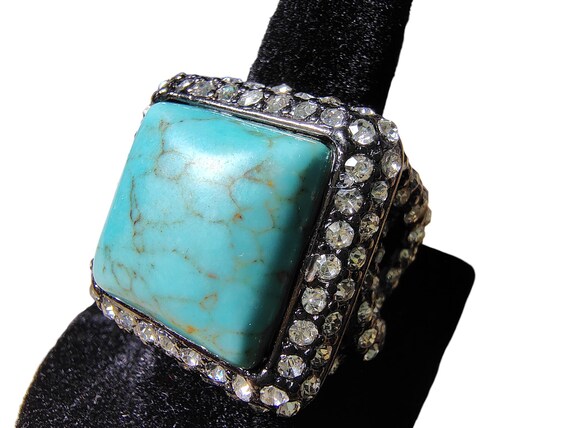 Large Faux Turquoise Statement Ring, Rhinestone H… - image 6