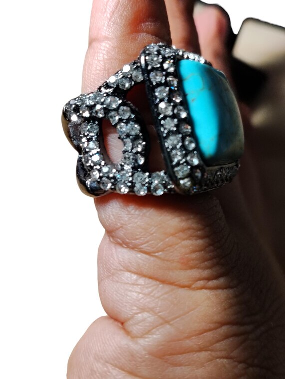 Large Faux Turquoise Statement Ring, Rhinestone H… - image 14
