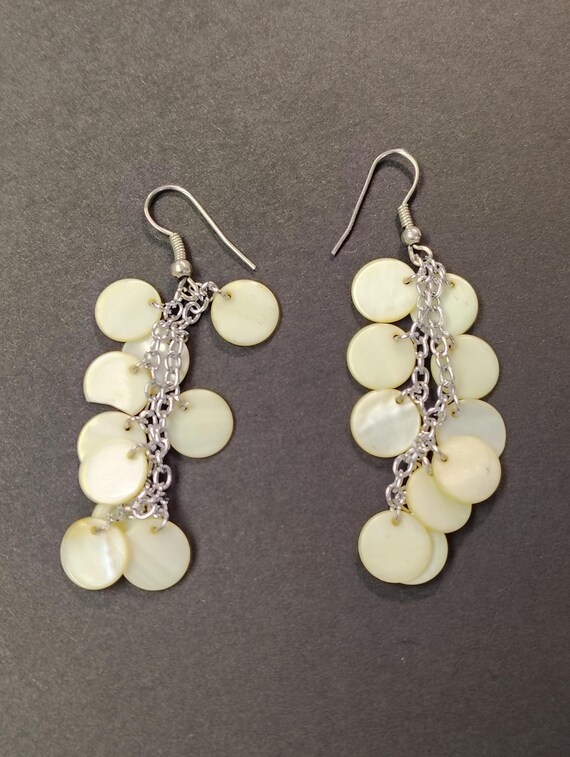 Vintage Shell Dangle Earrings | Silver Chain Disc… - image 1