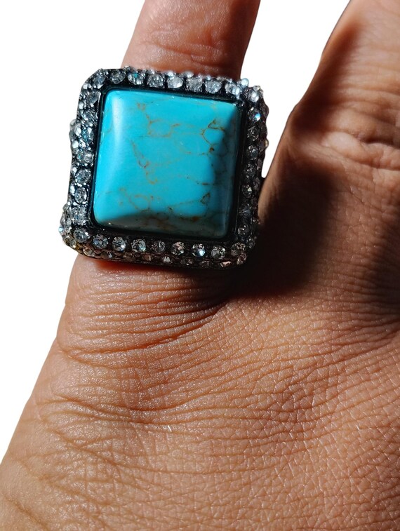 Large Faux Turquoise Statement Ring, Rhinestone H… - image 12