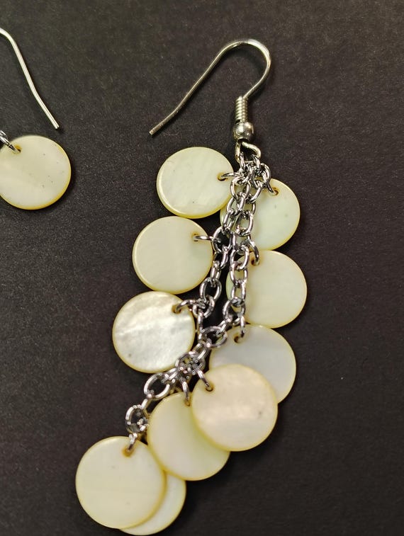 Vintage Shell Dangle Earrings | Silver Chain Disc… - image 2