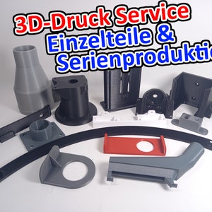以下が含まれることがあります： 灰色、黒、白、赤など、さまざまな色の3Dプリントパーツのコレクション。パーツは白い表面に配置されています。背景には「3D-Druck Service Einzelteile & Serienproduktion」というテキストが表示されています。