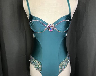 Teal Bodysuit with custom rhinestones