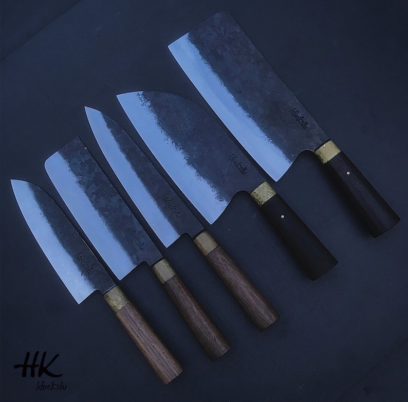 Koksmessen, handgemaakt mes, cadeau voor hem, Japanse stijl, koolstofstaal. Combo 5 Pieces