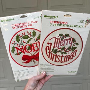 Set of 2 Christmas Stitchery Embroidery Kits - Merry Christmas & Holly Noel Needlecraft Kits - 7in diameter